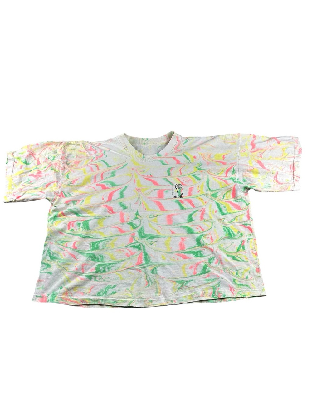 Vintage 1988 DUDE Sportswear Neon Surf Tee XL Single Stitch Boxy Cropped 80s - Picture 4 of 14
